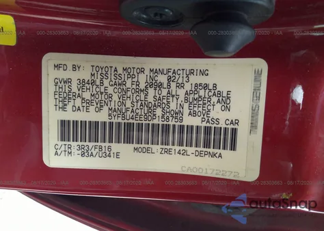 2013 Toyota Corolla Le z USA, uszkodzony, nr VIN 5YFBU4EE9DP158759